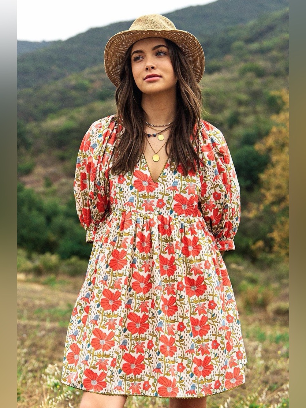 GiGio Floral Botanical Puff Sleeve Mini Dress Mushrooms Fall Garden Floral Small